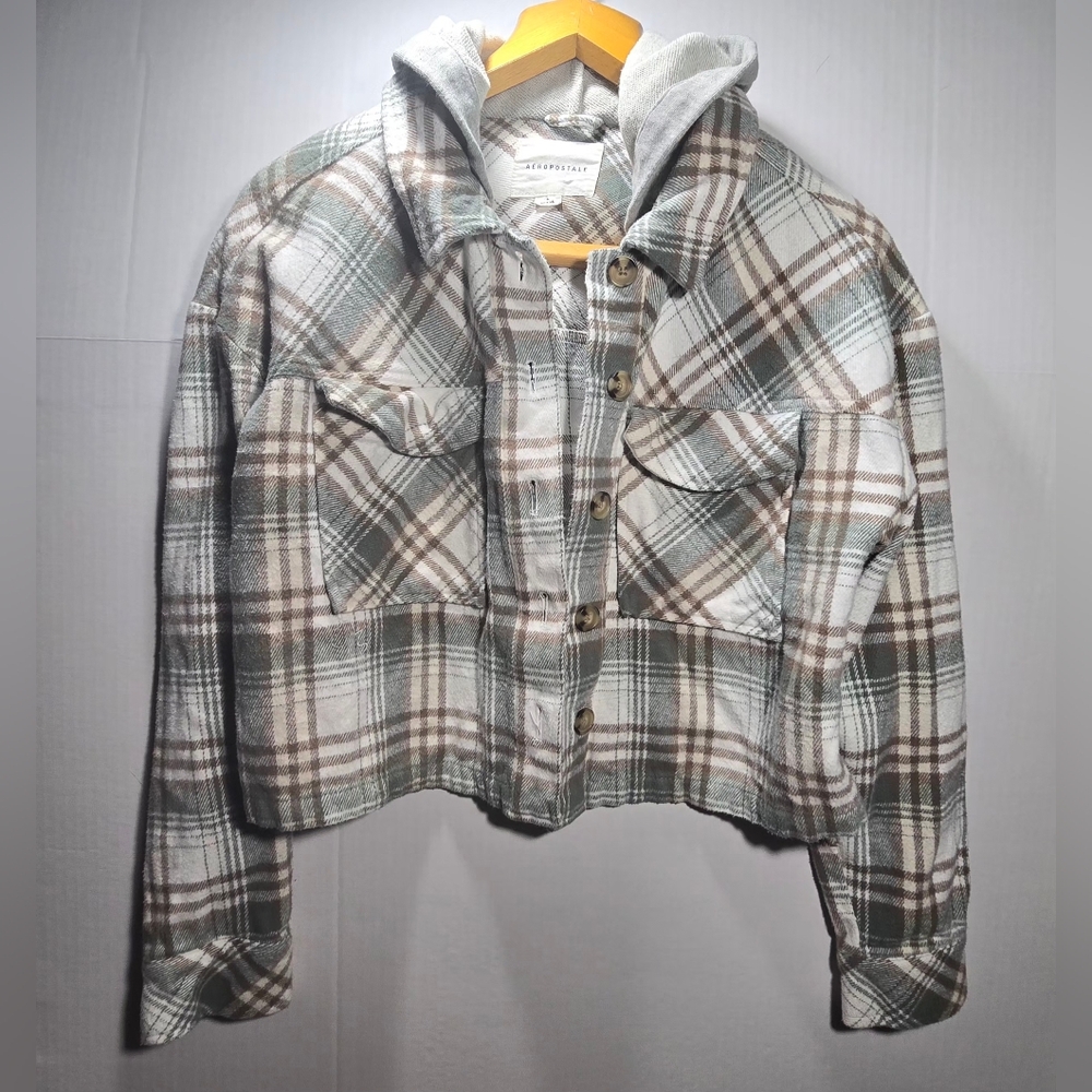 AEROPOSTLE Womens Large Crop Plaid Button-Up Jacket with Hood SUMMER BEACH